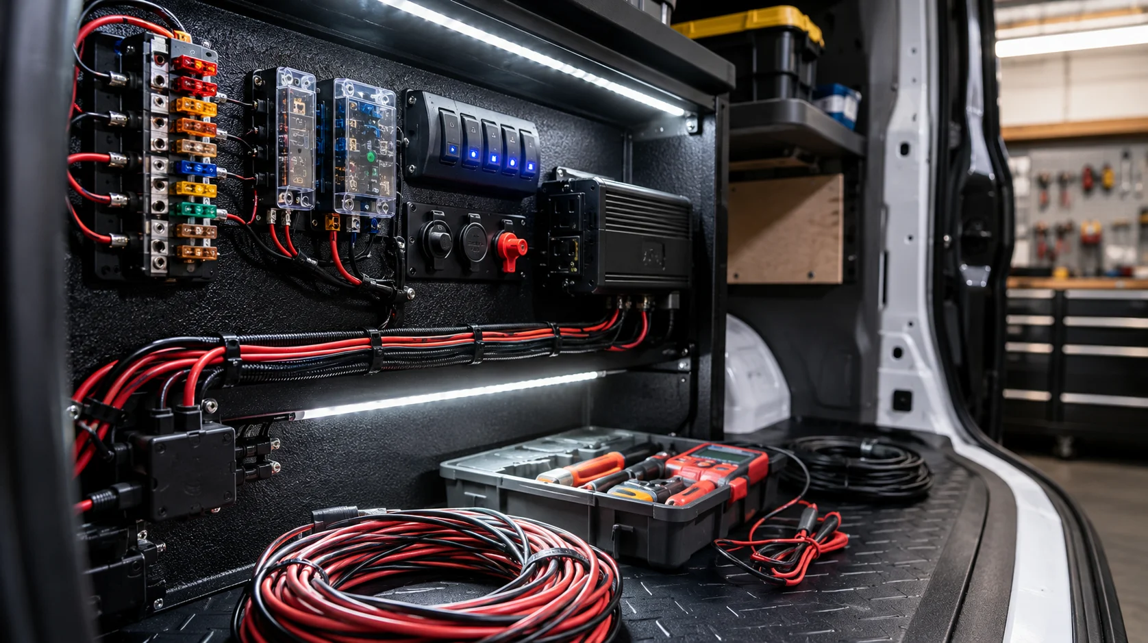 Professional electrical equipment installed inside a commercial van